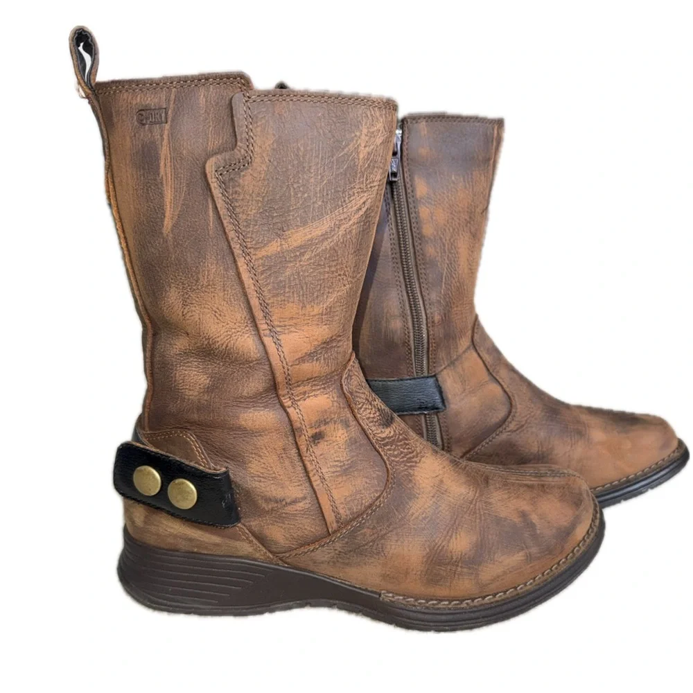 MERRELL Clay Brown Leather Boots Hand Distressed Patina Snap Buckle Boho US 8.5‎